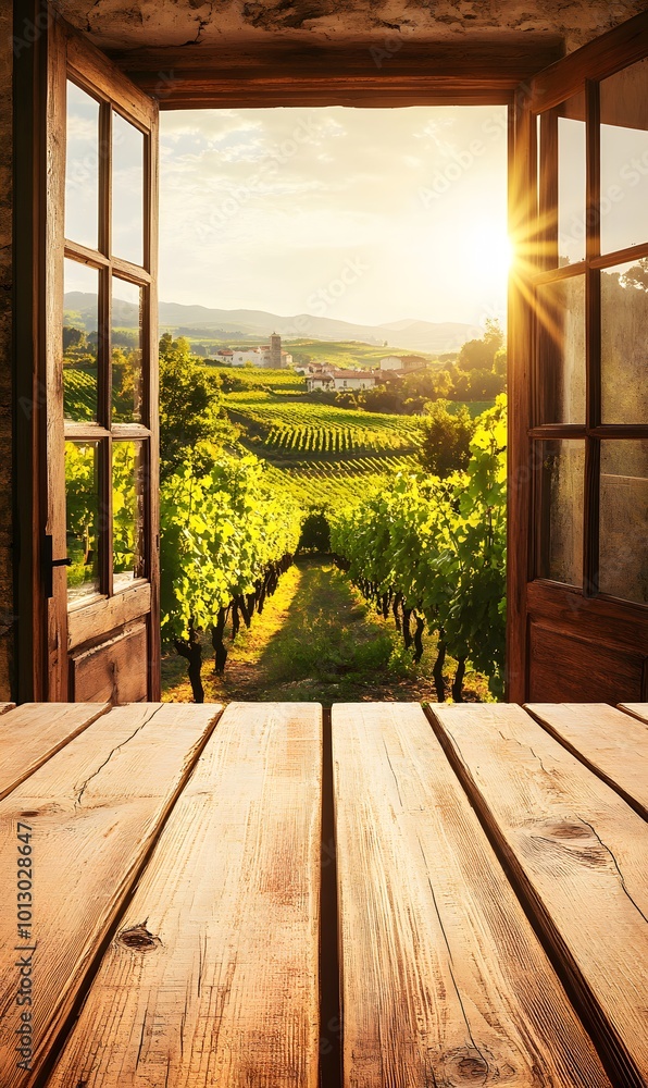 Poster 11. an empty wooden table set in front of an open window, revealing a stunning vineyard view bathed 