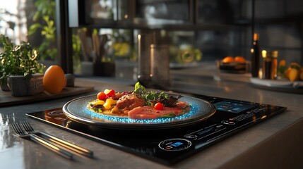 A beautifully plated gourmet meal on a modern kitchen countertop, showcasing vibrant ingredients and sleek cooking technology.