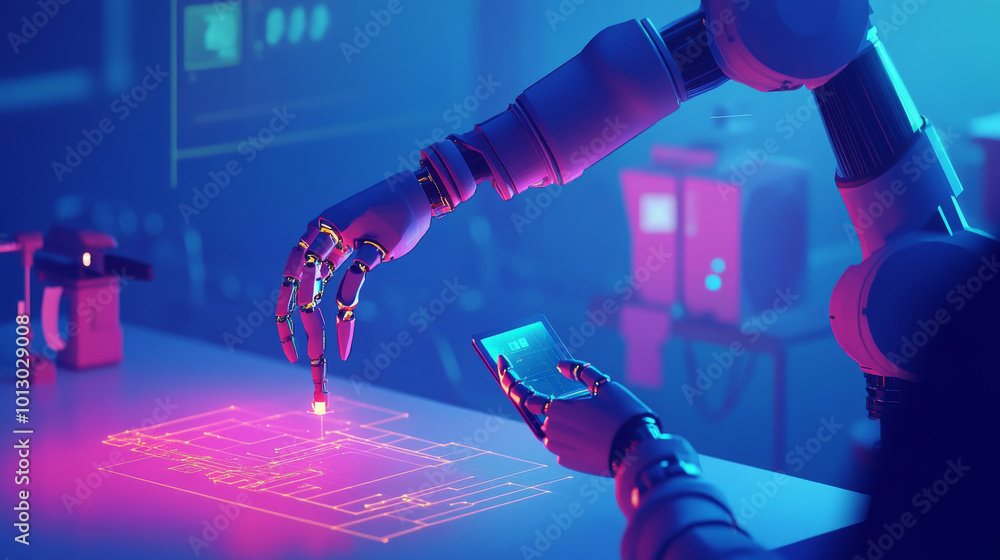 Poster a digital engineer is shown holding a tablet and guiding a robotic arm with a tool. this image repre