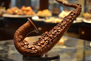 A unique chocolate sculpture of a saxophone, showcasing intricate details and perfect for music and dessert themes.
