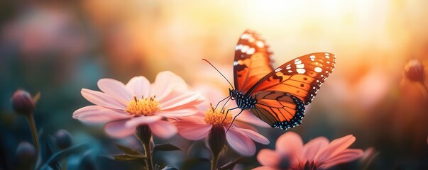 A stunning butterfly rests on delicate flowers, showcasing vibrant colors against a soft, dreamy background of natural beauty.