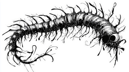 A quirky black-and-white ink illustration of a nervous centipede, showcasing its jittery, frazzled expression and wiggly legs. Generative AI
