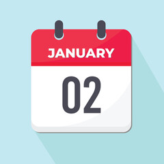 02 January Daily Calendar Icon 3d style red and white with light green background