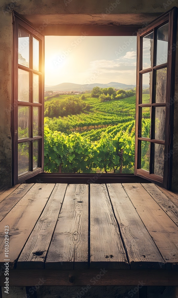 Poster 11. an empty wooden table set in front of an open window, revealing a stunning vineyard view bathed 