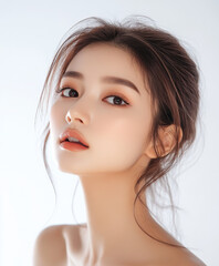 Naklejka premium young woman with natural makeup look poses gracefully, showcasing her radiant skin and elegant hairstyle. soft lighting enhances her features, creating serene and captivating atmosphere