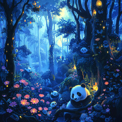 An enchanted forest at twilight where pandas gather to witness the blooming of the mystic moonflowers glowing softly