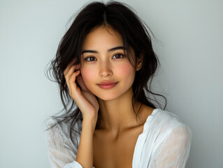 young woman with long, dark hair is gently touching her face, exuding calm and serene expression. She wears light, sheer top, and soft lighting enhances her natural beauty