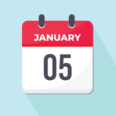 05 January Daily Calendar Icon 3d style red and white with light blue background