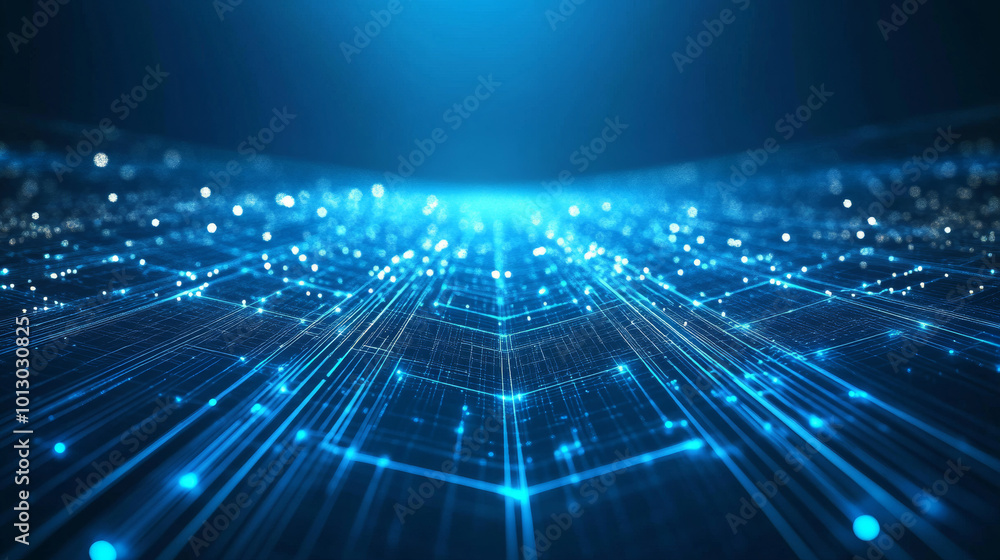 Poster a blue background with lines that look like a circuit board. this futuristic design represents techn