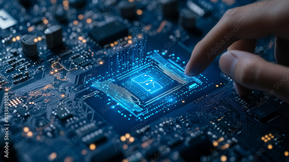 Poster a finger taps on a blue ai chip, representing the power of artificial intelligence. the image is mad