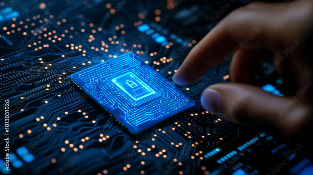 Poster a finger taps on a blue ai chip, representing the power of artificial intelligence. the image is mad