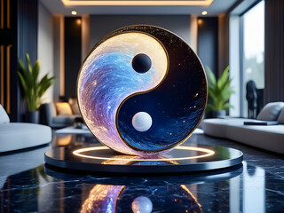 A visually striking yin-yang sculpture illuminated in a modern living room with sleek furnishings and greenery