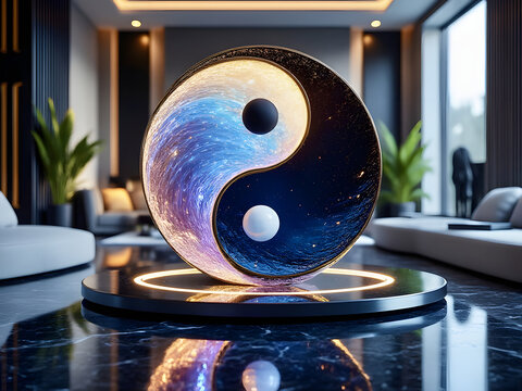 A visually striking yin-yang sculpture illuminated in a modern living room with sleek furnishings and greenery