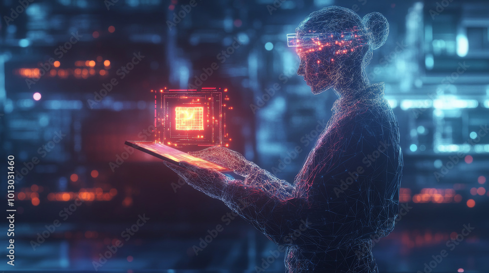 Poster a futuristic scientist, made of lines and points, holds a tablet with a glowing ai chip. the backgro