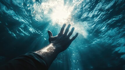 Underwater vertical shot of a diver reaching toward the surface with one hand