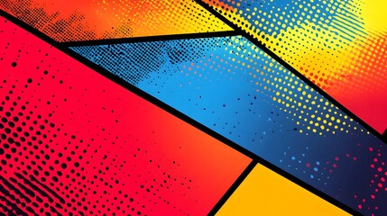 Blank colorful comic abstract background template with dynamic shapes, vibrant colors, speech bubbles, and action lines, perfect for adding text or graphics in a retro pop-art style © KHF