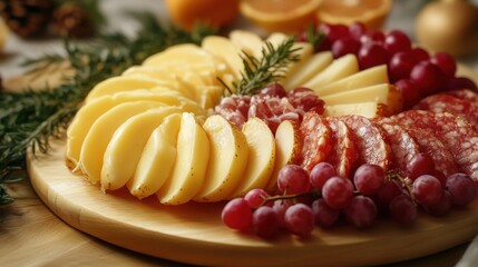 Thanksgiving charcuterie board, top view shot with minimal background, cheeses and fruits arranged neatly, soft shadows, elegant simplicity.