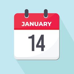 14 January Daily Calendar Icon 3d style red and white with light green background