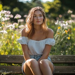 Young woman sitting on a bench in a blooming garden