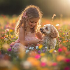 Joyful girl playing with her dog in a flower field