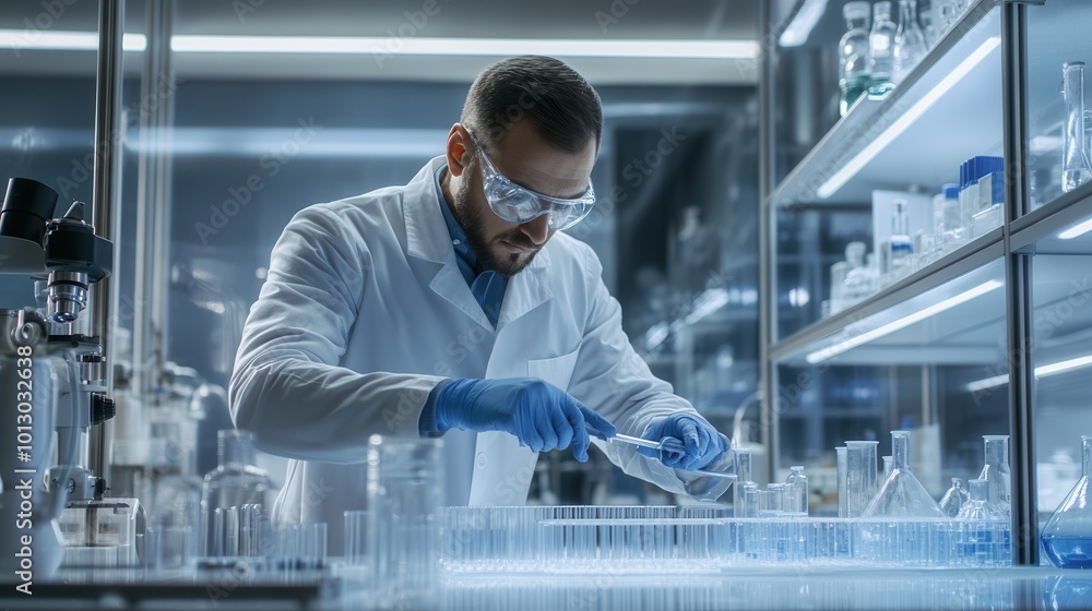Aufkleber A scientist wearing a lab coat and protective gear focuses on transferring samples using a pipette in a well-equipped laboratory. Generative AI