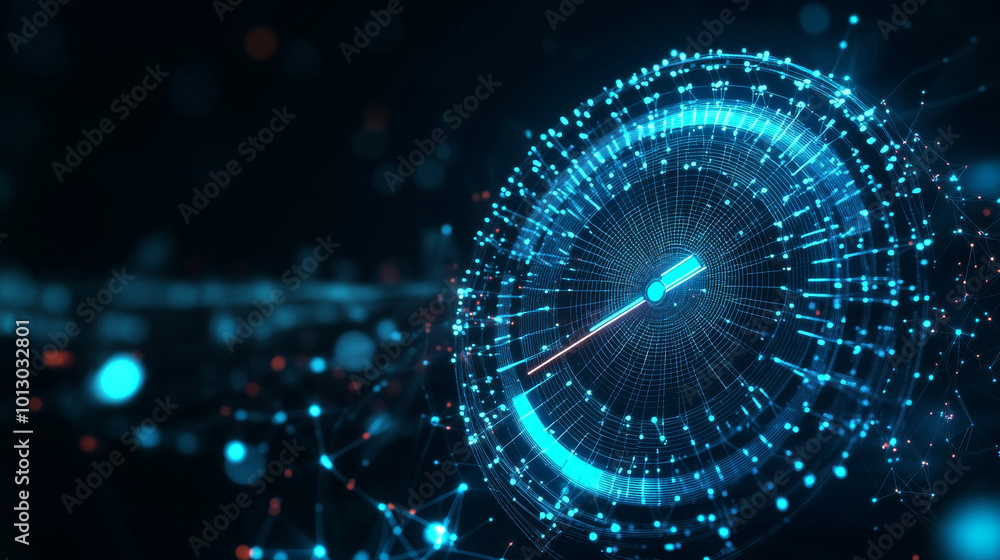Poster a futuristic, digital speedometer glows blue. it's designed for a fast car or racing game. the desig