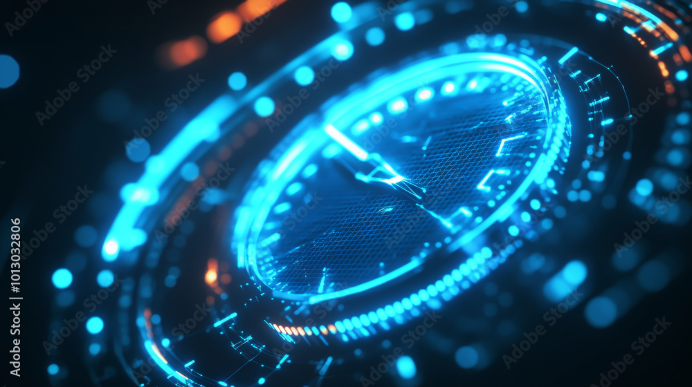 Poster a futuristic, digital speedometer glows blue. it's designed for a fast car or racing game. the desig