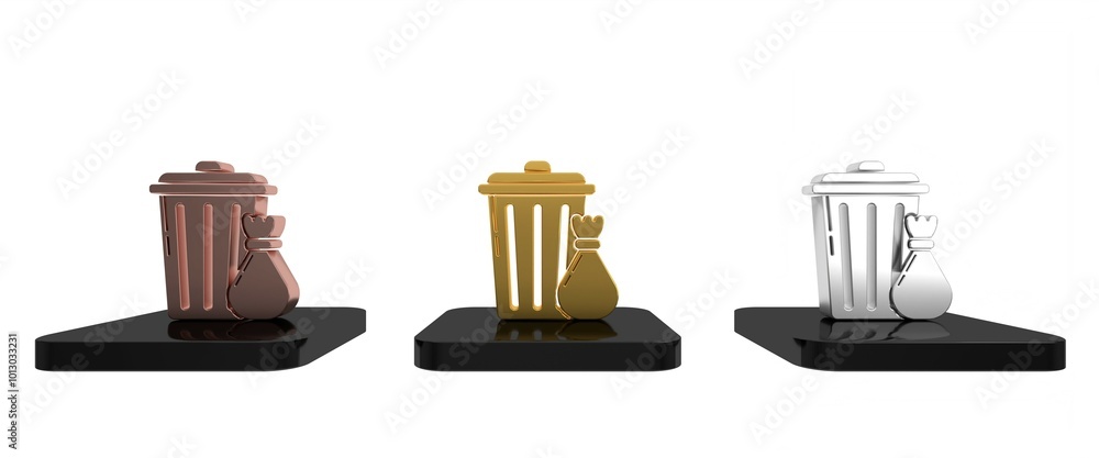 Poster colorful trash can and garbage bag icon isolated on white background. garbage bin sign. recycle bask