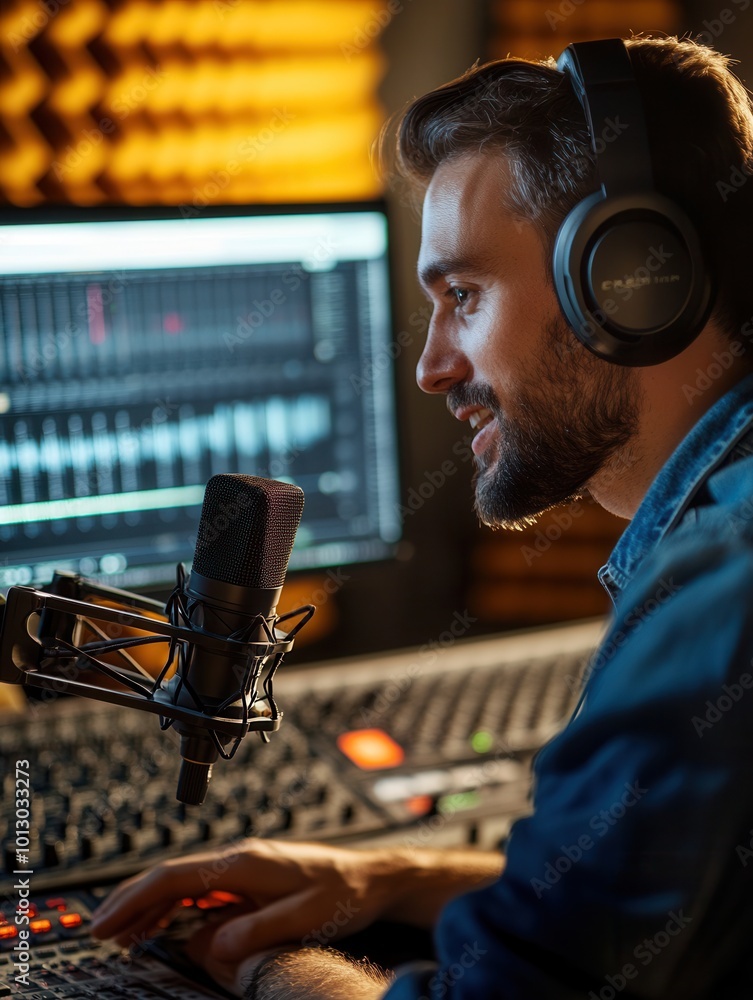 Fototapete a skilled podcaster passionately discusses topics while adjusting audio settings in a well-equipped 