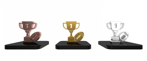 Colorful Award cup and American football ball icon isolated on white background. Winner trophy symbol. Championship or competition trophy. Minimalism concept. 3D render illustration