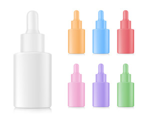 Dropper bottle colour mockups. Vector illustration isolated on white background. Front view. Сan be used for cosmetic, medical and other needs. EPS10.