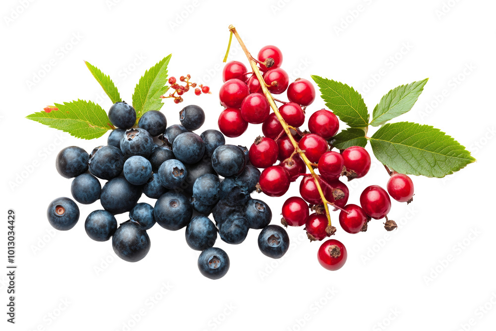 Poster fresh blueberries and red currants with green leaves on a white isolate background.