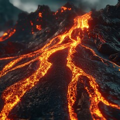 Glowing lava flowing down a volcanic landscape