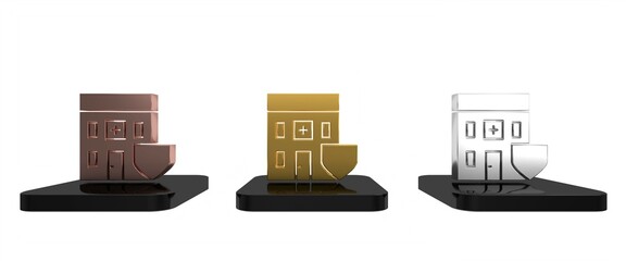 Colorful Medical hospital building with shield icon isolated on white background. Medical insurance. Security, safety, protection concept. Minimalism concept. 3D render illustration