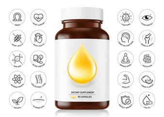 Brown pill bottle mockup with label for omega supplements isolated on white background  with health icons set. Vector illustration isolated on white background. Ready for your design. EPS10.