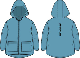 Windcheater Hoodie jacket design flat sketch Illustration, Hooded windbreaker utility jacket with front and back view, winter jacket for Men and women. for hiker, outerwear and workout in winter © JERZEY DESINZ