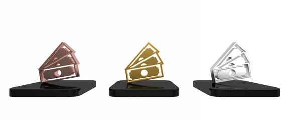 Colorful Stacks paper money cash icon isolated on white background. Money banknotes stacks. Bill currency. Minimalism concept. 3D render illustration