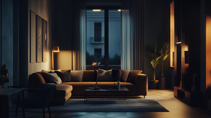 Stylish Interior Design Background. Industrial Living Room. Generative AI
