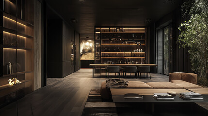 Stylish Interior Design Background. Industrial Living Room. Generative AI
