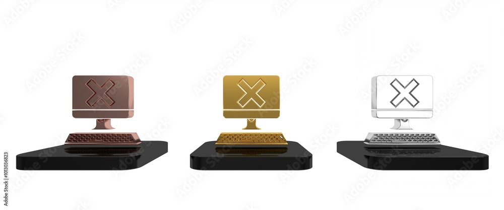 Poster colorful computer with keyboard and x mark icon isolated on white background. error window, exit but