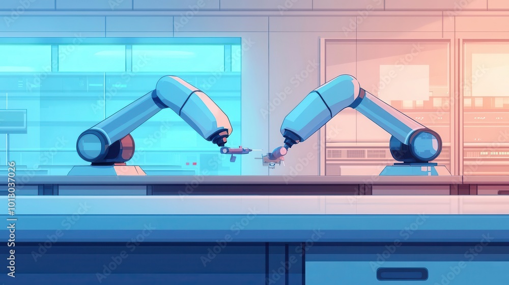 Poster modern manufacturing process with robotic arms assembling products on an automated production line s