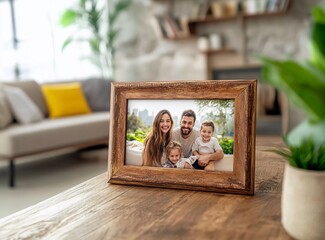 Family photo in a wooden frame on a table against a living room background with books and a sofa
