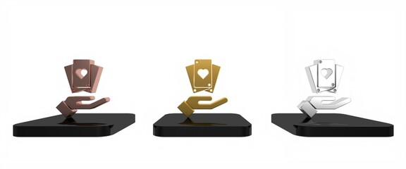 Colorful Hand holding playing cards icon isolated on white background. Casino game design. Minimalism concept. 3D render illustration