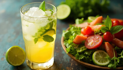 Fototapeta premium A refreshing glass of probiotic soda filled with ice, garnished with fresh fruit slices, showcasing vibrant colors and a fizzy texture, perfect for a healthy and bubbly drink