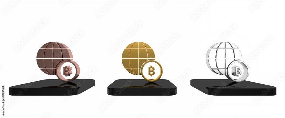Aufkleber colorful globe and cryptocurrency coin bitcoin icon isolated on white background. physical bit coin.
