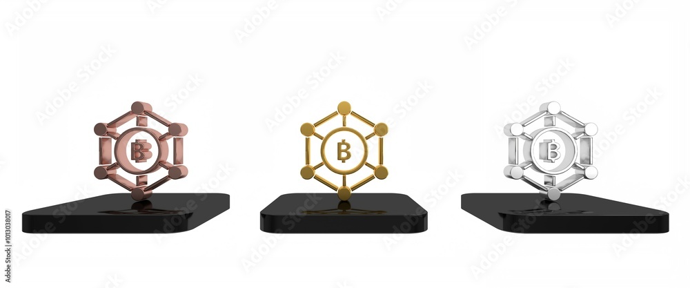 Poster colorful blockchain technology bitcoin icon isolated on white background. abstract geometric block c