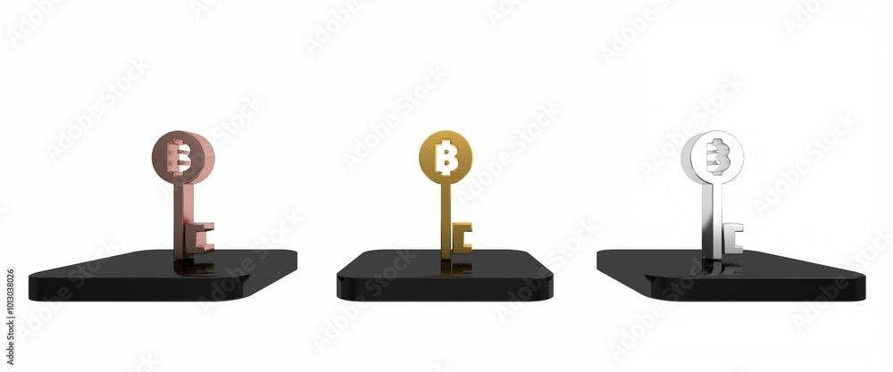 Poster colorful cryptocurrency bitcoin key icon isolated on white background. concept of cyber security or 