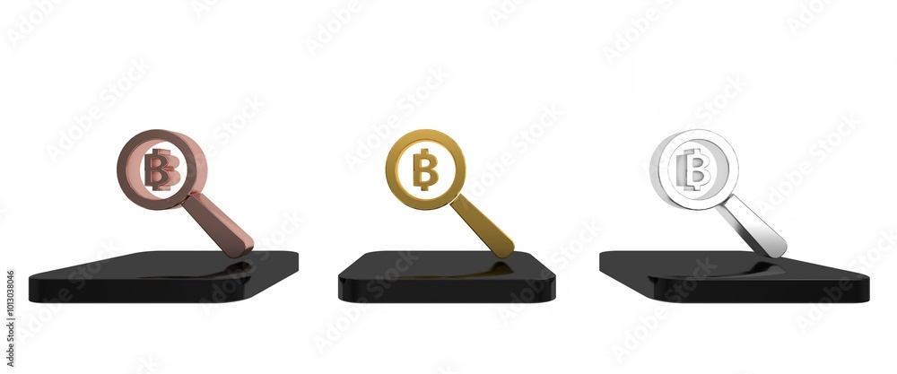 Poster colorful magnifying glass with bitcoin icon isolated on white background. physical bit coin. blockch