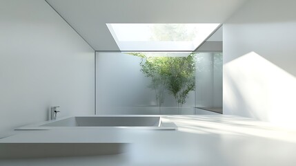 Fototapeta premium Minimalist Bathroom with Bathtub, Skylight, and Greenery