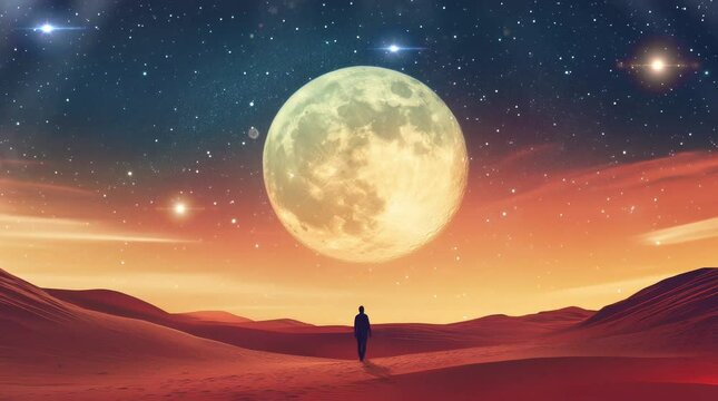 landscape silhouette of a person walking in the desert with a view of the night sky full of stars and a full moon at night. Virtual 4K video animation background with looping time lapse with very smoo
